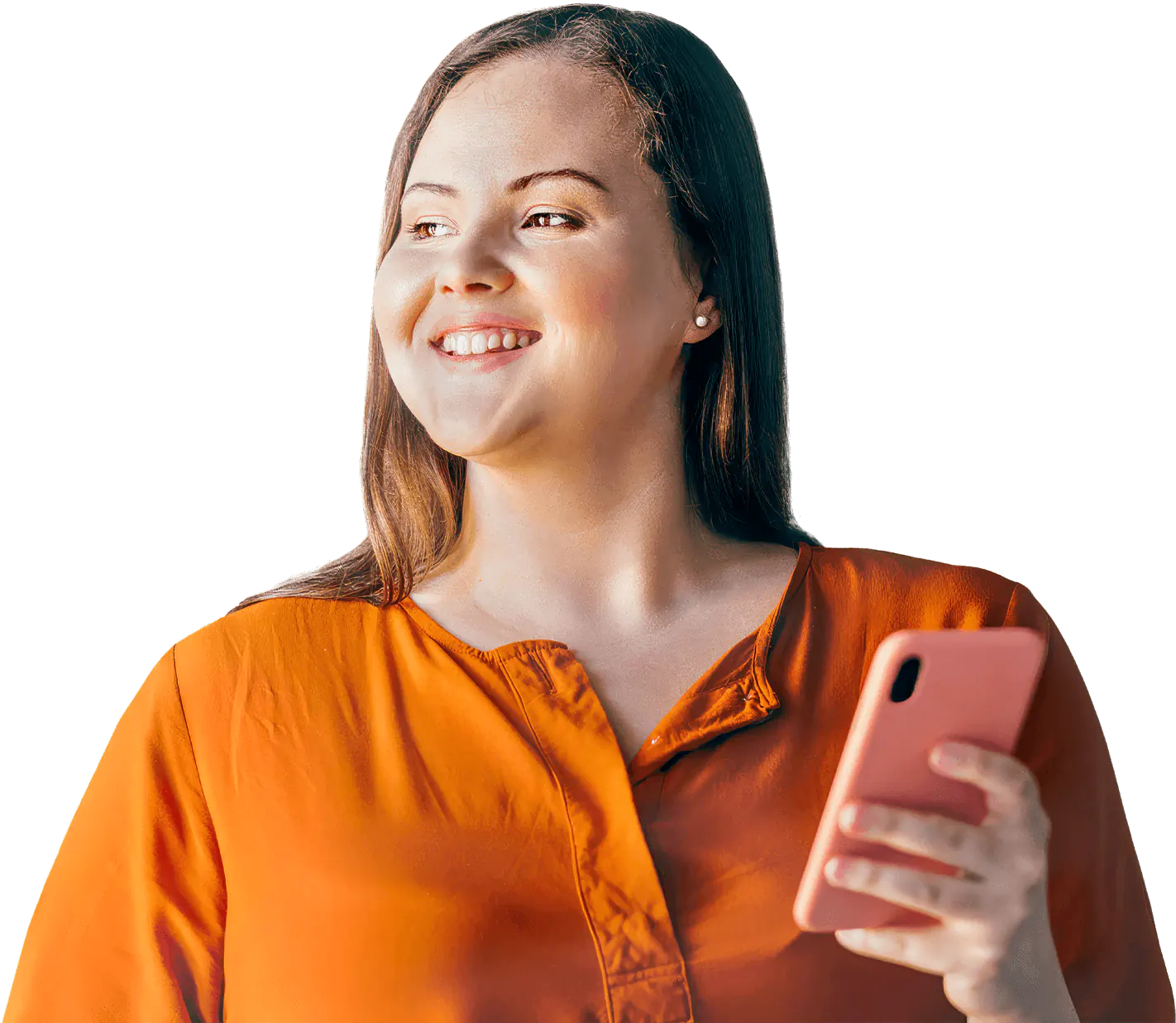 A woman with shoulder-length dark hair, wearing a bright orange blouse, is smiling and looking to the side with a thoughtful expression. She is holding a smartphone with Liva app in her right hand.